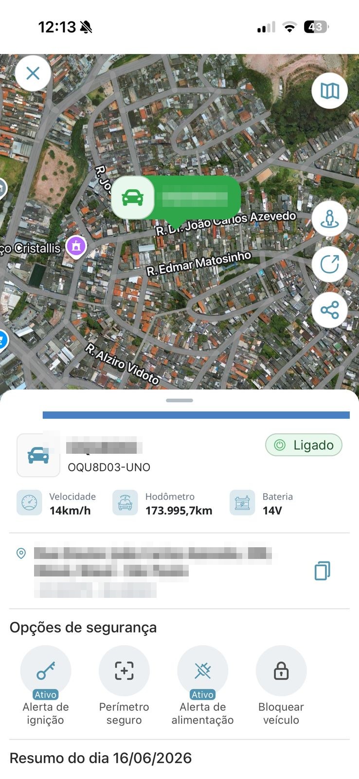 App ProtecTrack mostrando o veículo localizado no mapa em tempo real