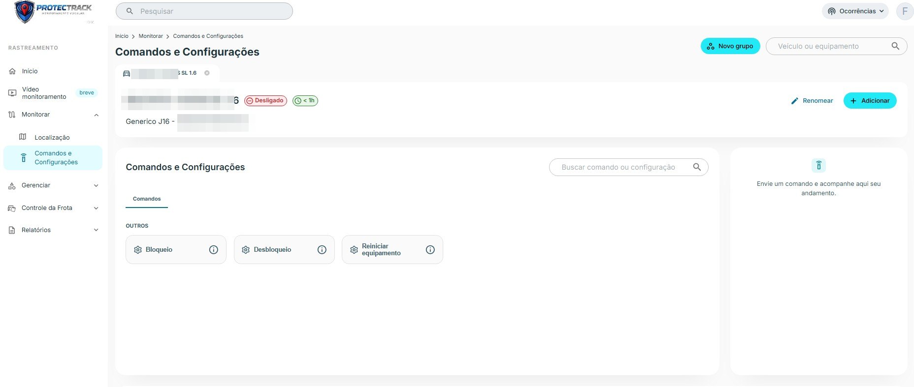 Tela de comandos do painel com bloqueio e desbloqueio remoto