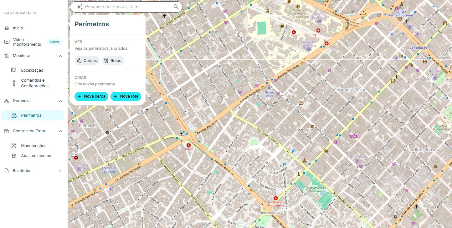 Tela de perímetros e cercas virtuais no mapa