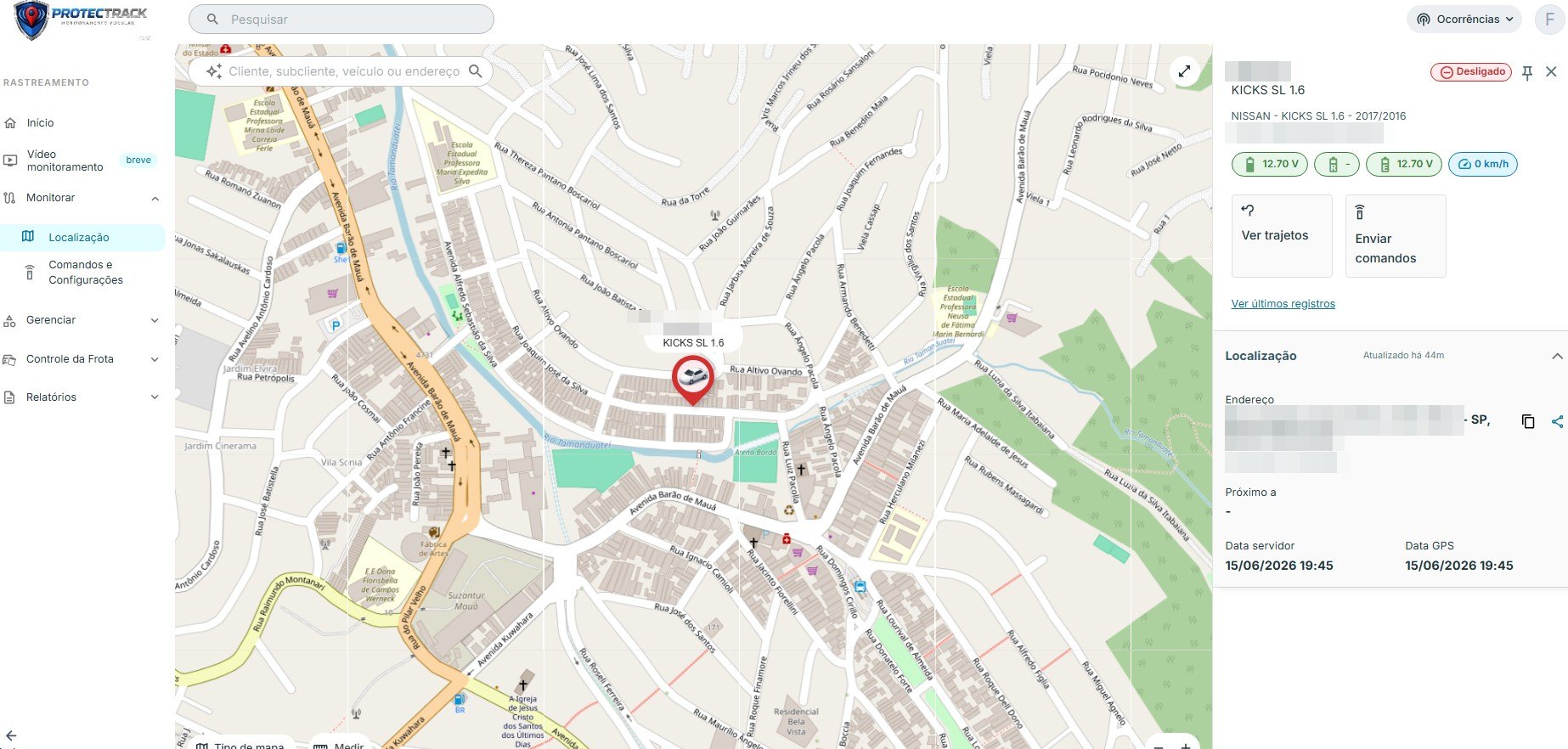 Painel ProtecTrack mostrando um veículo localizado no mapa em tempo real